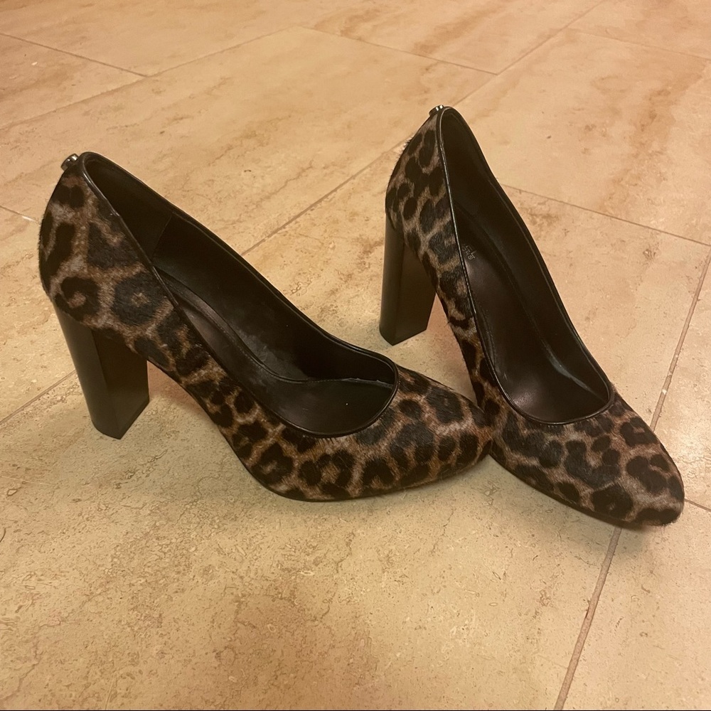 Michael Kors pony hair leopard block heel shoes
